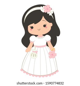 Little girl wearing a wedding dress. Baby girl wearing a white dress