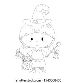 Little girl wearing witch costume holding magic wand   candy bucket vector cartoon  Halloween little witch playing trick treat cute cartoon   Cute witch cartoon coloring page 