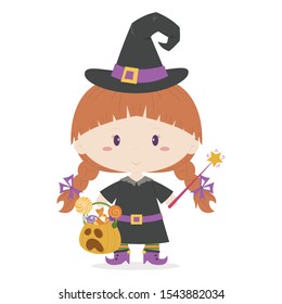 Little girl wearing witch costume holding magic wand and candy bucket vector cartoon. Halloween little witch playing trick or treat cute cartoon.  Cute witch cartoon isolated on white background. 