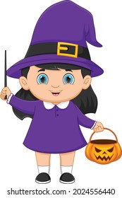 little girl wearing witch costume  holding wand and bucket