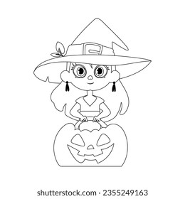 A little girl is wearing a witch costume, happily holding a pumpkin and eagerly waiting for Halloween.Linear style.