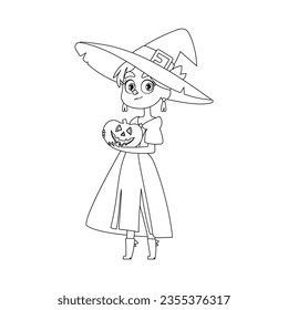 A little girl is wearing a witch costume, she is really happy and eagerly waiting for Halloween while holding a pumpkin.Linear style.