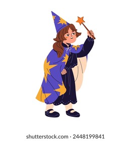 Little girl wearing witch costume in Halloween masquerade. Cute kid in wizard suit, mage cap, cloak spells with magic wand. Funny child cosplays sorceress. Flat isolated vector illustration on white