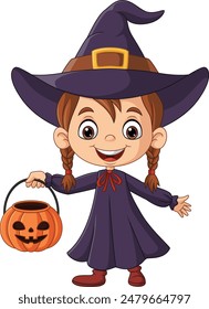 Little girl wearing witch costume holding pumpkin bucket