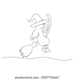 Little girl wearing witch hat and playing with broom one-line art drawing. Vector illustration