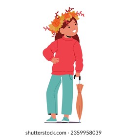 Little Girl Wearing A Wreath Of Colorful Autumn Leaves, Standing Gracefully With A Folded Umbrella, Capturing The Enchanting Beauty And Serenity Of The Fall Season. Cartoon People Vector Illustration