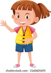 Little Girl Wearing Yellow Life Jacket In Cartoon Style Illustration