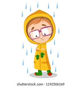 Little Girl Wearing Yellow Raincoat Under Rain Isolated Personage. Sad Girl In Glasses Standing At Rainy Day. Cold Autumn Weather. Seasonal Rainfall Vector Illustration. Weather Forecast With Kids.