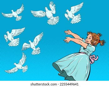 Little girl and white doves. A symbol of peace. Animals and children. Pop art retro vector illustration kitsch vintage 50s 60s style