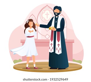 Little girl in white dress is taking communion in a church. Concept of participating in the holy communion. Male priest in uniform is giving eucharist to a child. Flat cartoon vector illustration