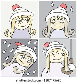 Little girl in white hat got wet in the rain. Cartoon illustration.