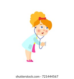 Little girl in white medical gown playing doctor with stethoscope, cartoon vector illustration isolated on white background. Cartoon little girl in white gown playing doctor, using stethoscope