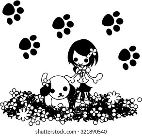 A little girl who takes a walk with a dog in a flower garden.