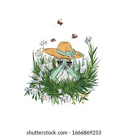 Little girl in wide-brimmed straw hat sits in grassy meadow with flowers and flying butterfly. Summertime.  Child on nature. 