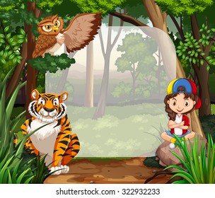 Little girl and wild animals in jungle illustration