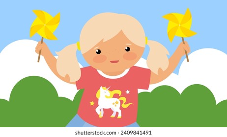 Little girl with windmill and pinwheel. Vector illustration in flat style