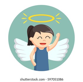 Little Girl With Wings And Angel Halo In Circle Background