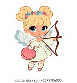 Little girl with wings holding heart in hands. Cupid, child. Vector illustration for Valentine's Day