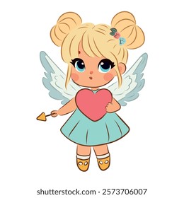 Little girl with wings holding heart in hands. Cupid, child. Vector illustration for Valentine's Day