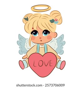 Little girl with wings holding heart in hands. Cupid, child. Vector illustration for Valentine's Day