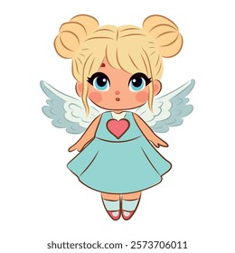 Little girl with wings holding heart in hands. Cupid, child. Vector illustration for Valentine's Day