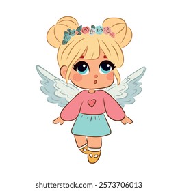 Little girl with wings holding heart in hands. Cupid, child. Vector illustration for Valentine's Day