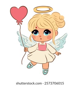 Little girl with wings holding heart in hands. Cupid, child. Vector illustration for Valentine's Day