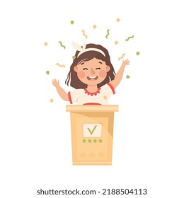 Little Girl Winning Quiz Game or Mind Sport Standing at Press Button and Cheering Vector Illustration