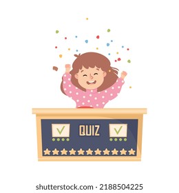Little Girl Winning Quiz Game or Mind Sport Standing at Press Button and Cheering Vector Illustration