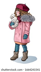 Little girl in winter cloth with bunny rabbit fluffy toy isolated hand drawn sketch. Vector illustration of kindergarten baby girl in pink coat, red hat and scarf. Young lady walk, watercolor portrait