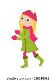 Little girl in winter clothes in flat design isolated on white in vector