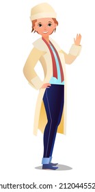 Little girl in winter clothes. Sheepskin coat and warm hat. Teen in winter. Cheerful person. Standing pose. Cartoon comic style flat design. Single character. Illustration isolated background. Vector.