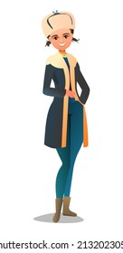 Little girl in winter clothes. Sheepskin coat and warm hat. Teen in winter. Cheerful person. Standing pose. Cartoon comic style flat design. Single character. Illustration isolated background. Vector.