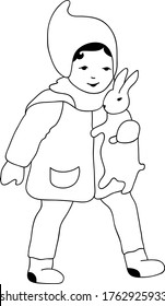 Little girl in winter coat with toy rabbit, illustration in waldorf school style