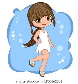 Little girl. Winter. Vector isolated illustration. Beautiful fashionable child. Surrounded by hearts. Flat cartoon style