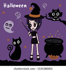 Little girl witch with black cat, owl, the witch's cauldron, ghost spirits and  text (Halloween) on violet background. The concept of Halloween.