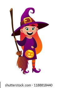 A little girl witch and broom on white background cartoon