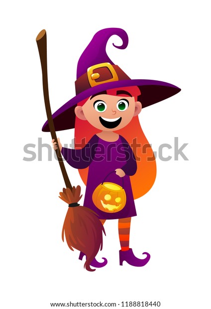 Little Girl Witch Broom On White Stock Vector (Royalty Free) 1188818440 ...