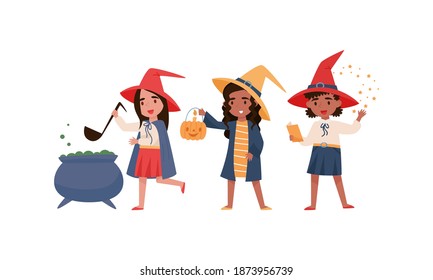 Little Girl Witch in Conical Hat Cooking Magic Potion in Cauldron and Learning Spell Vector Set