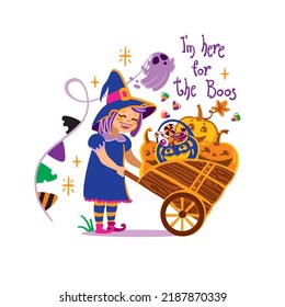 Little girl in a witch costume carries a cart with pumpkins. Halloween illustration.