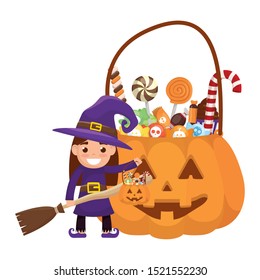 little girl with witch costume character vector illustration design