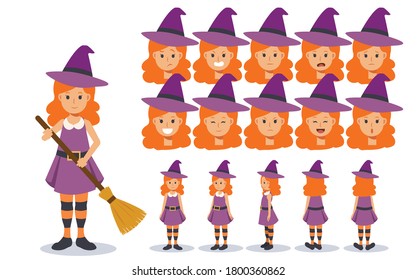 Little Girl in witch costume for Halloween festival.trick or treat. Front, side, back view animated character.Vector Character creation set, Cartoon style, flat vector illustration.