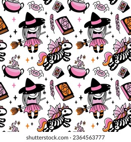 Little girl in a witch costume. Halloween characters. Childish print. Seamless pattern. Vector.