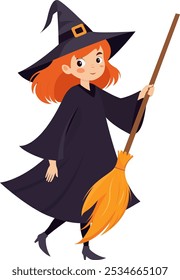 Little girl in Witch Costume holding a broom. Child celebrate Halloween wears witch costume. Vector illustration in fla style