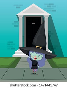 little girl with witch costume in the house door