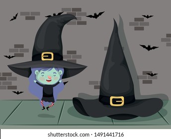 little girl with witch costume in the wall with bats flying