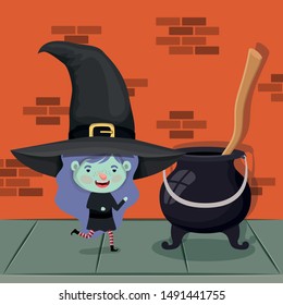 little girl with witch costume in the wall and cauldron