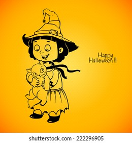 Little girl little witch detains disgruntled cat. Happy Halloween card