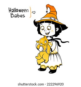 Little girl little witch detains disgruntled cat. Happy Halloween card