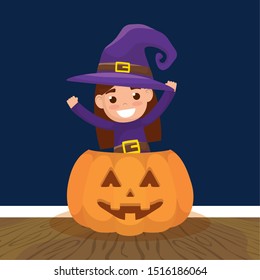 Little Girl Witch Disguise Pumpkin Vector Stock Vector (Royalty Free ...